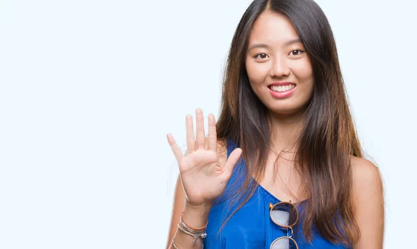 Jonge Aziatische Vrouw Geïsoleerde Achtergrond Weergeven Met Vingers Omhoog Nummer — Stockfoto