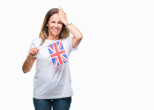 Mujer Hispana Mediana Edad Sosteniendo Bandera Del Reino Unido Sobre —  Fotos de Stock