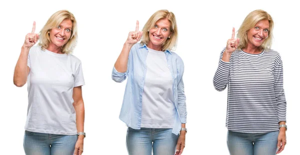 Collage Einer Schönen Blonden Frau Mittleren Alters Über Weißem Isoliertem — Stockfoto