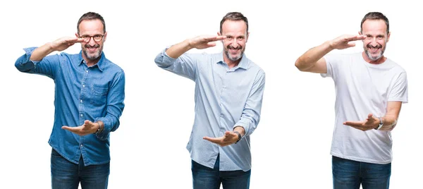 Collage Handsome Senior Hoary Man Standing Isolated Background Gesturing Hands — Foto Stock