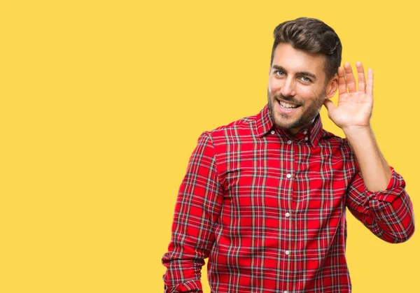 Joven Hombre Guapo Sobre Fondo Aislado Sonriendo Con Mano Sobre —  Fotos de Stock