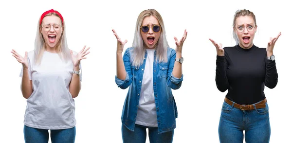 Collage Hermosa Mujer Joven Rubia Con Gafas Sobre Fondo Aislado — Foto de Stock