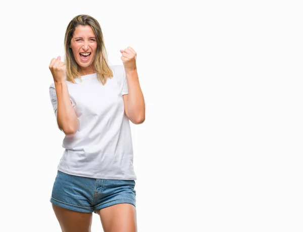 Jovem Mulher Bonita Sobre Fundo Isolado Muito Feliz Animado Fazendo — Fotografia de Stock