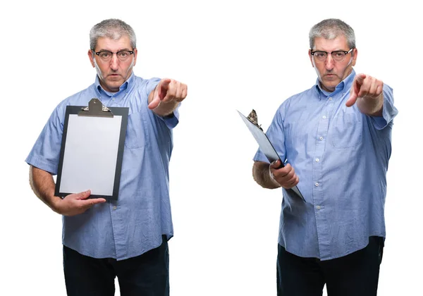 Collage Senior Hoary Business Man Holding Clipboard White Backgroud Isolato — Foto Stock