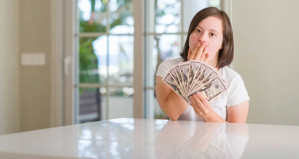 Syndrome Woman Home Holding Dollars Cover Mouth Hand Shocked Shame — Stock Photo, Image