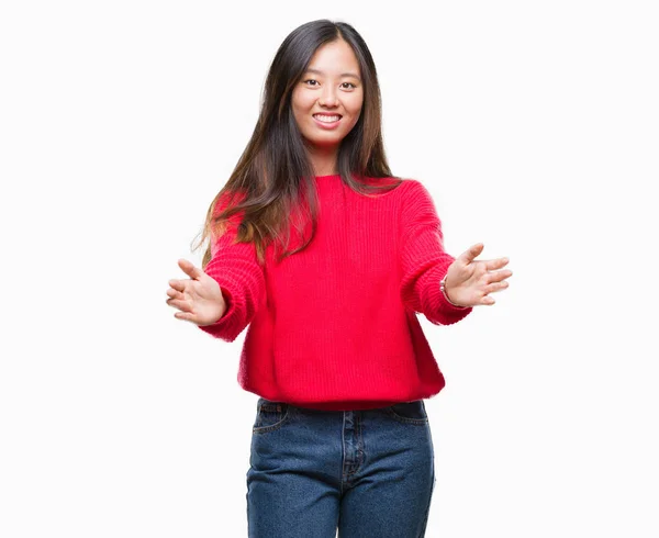 Junge Asiatische Frau Winterpullover Vor Isoliertem Hintergrund Die Mit Offenen — Stockfoto