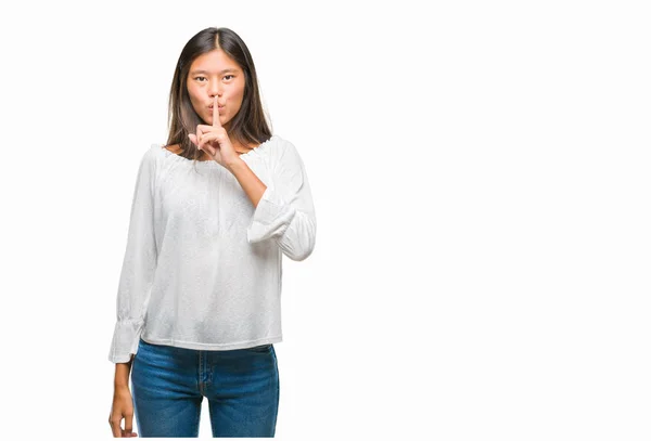 Young Asian Woman Isolated Background Asking Quiet Finger Lips Silence — Stock Photo, Image