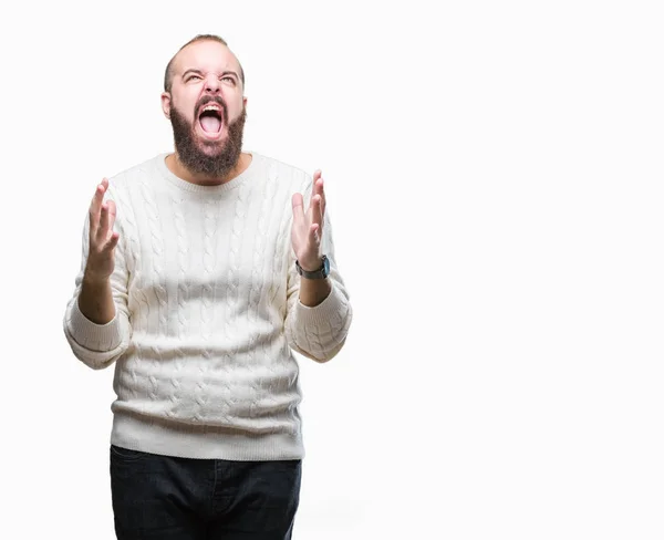 Jonge Kaukasische Hipster Man Winter Trui Dragen Geïsoleerd Achtergrond Gek — Stockfoto