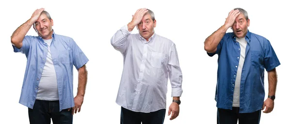 Collage Van Senior Hoary Man Wit Geïsoleerd Backgroud Verrast Met — Stockfoto
