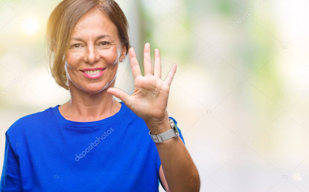 Middle age senior hispanic woman over isolated background showing and pointing up with fingers number five while smiling confident and happy.