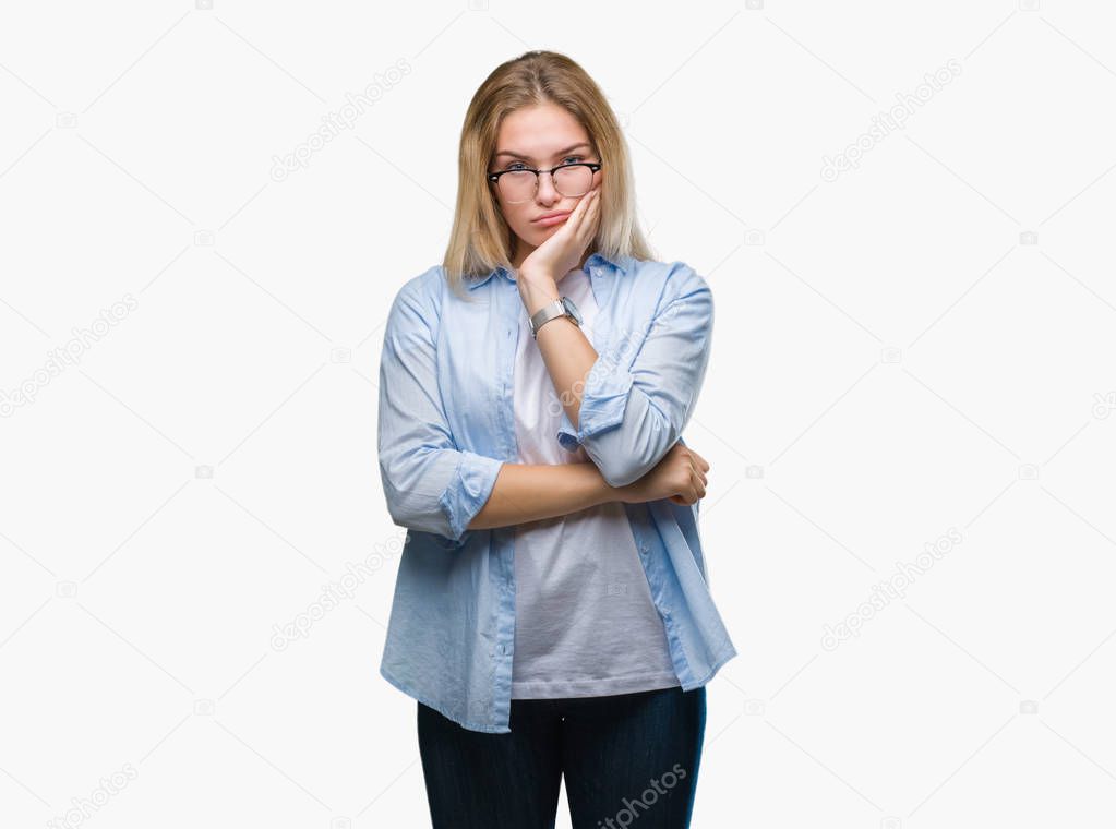 Young caucasian business woman wearing glasses over isolated background thinking looking tired and bored with depression problems with crossed arms.