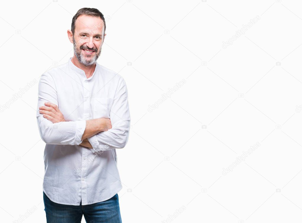 Middle age hoary senior man over isolated background happy face smiling with crossed arms looking at the camera. Positive person.