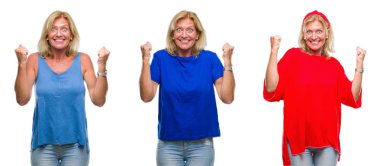 Kolaj güzel orta yaş Beyaz sarışın kadın backgroud kutluyor izole şaşırttı ve silah ile başarı için yükseltilmiş ve açık gözler hayrete düşürdü. Kazanan kavramı.