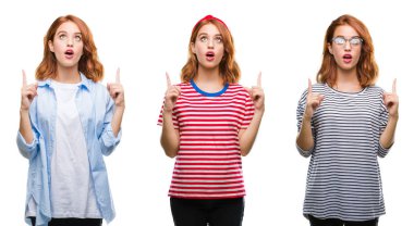 Kolaj genç güzel kızıl saçlı kadının izole arka plan üzerinden hayran ve yukarıya bakıp parmakları ile işaret şaşırttı ve silah kaldırdı.