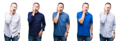 El yüz ve sürpriz duygu kendinden emin gülümseme ile tek gözüyle kapsayan izole arka plan üzerinde duran yakışıklı üst düzey ağarmış zarif iş adamı kolaj.