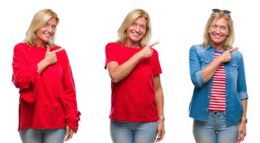 Güzel orta yaş beyaz izole backgroud neşeli sarışın kadın kolaj bir gülümseme ile el ve parmak kadar kameraya bakarak yüzündeki mutlu ve doğal ifade ile yan ile işaret eden yüz.