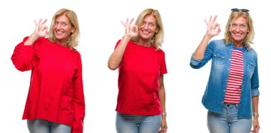 Kolaj üzerinde beyaz izole backgroud gülümseyen güzel orta yaş sarışın kadının el ve parmaklar ok işaretiyle yapıyor olumlu. Başarılı ifade.