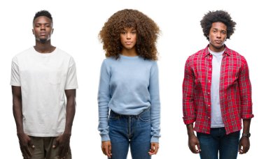 Kolaj Afro-Amerikan grup yüzünde ciddi bir ifade ile izole arka plan üzerinde insan. Basit ve doğal kameraya bakıyor.
