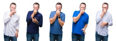 Yakışıklı üst düzey ağarmış zarif iş adam ayakta bir şey pis ve iğrenç kokulu izole arka plan, dayanılmaz koku, holding nefes burun parmaklar ile kolaj. Kötü kokuyor kavramı.