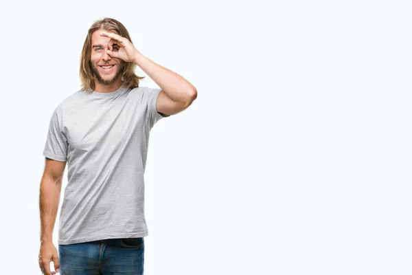 Young Handsome Man Long Hair Isolated Background Doing Gesture Hand — Stock Photo, Image