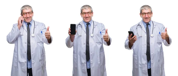 Colagem Homem Médico Hoary Sênior Falando Telefone Sobre Backgroud Isolado — Fotografia de Stock