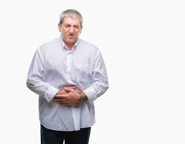 Hombre Mayor Guapo Sobre Fondo Aislado Con Mano Estómago Porque —  Fotos de Stock