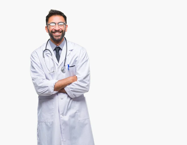 Adulto Ispanico Medico Uomo Sfondo Isolato Volto Felice Sorridente Con — Foto Stock