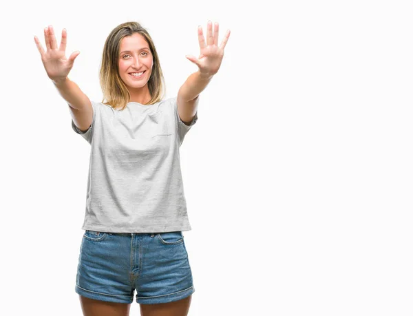 Young Beautiful Woman Isolated Background Showing Pointing Fingers Number Ten — Stock Photo, Image