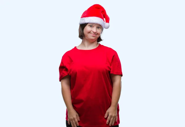 Jonge Volwassen Vrouw Met Downsyndroom Dragen Kerstmuts Geïsoleerde Achtergrond Met — Stockfoto