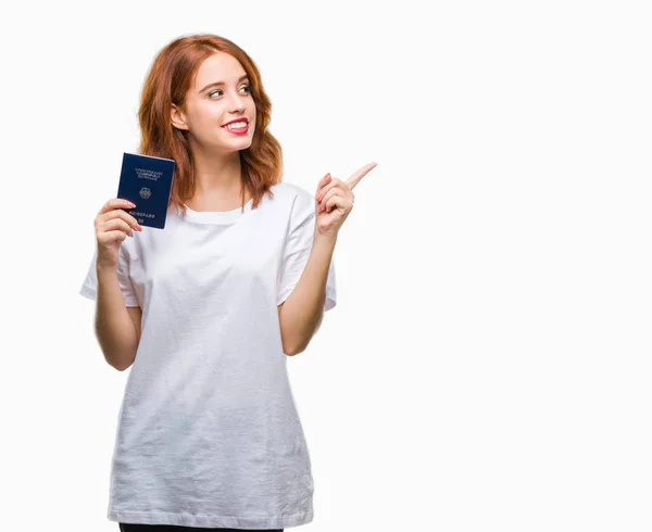 Jovem Bela Mulher Segurando Passaporte Alemanha Sobre Fundo Isolado Muito — Fotografia de Stock