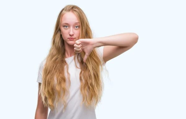 Blonde Teenager Woman Angry Face Negative Sign Showing Dislike Thumbs — Stock Photo, Image