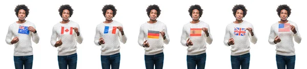 Koláž Afrických Amerických Mladý Muž Drží Vlajky Zemí Nad Izolované — Stock fotografie