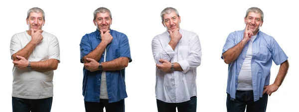 Colagem Homem Hoary Sênior Sobre Backgroud Isolado Branco Olhando Confiante — Fotografia de Stock