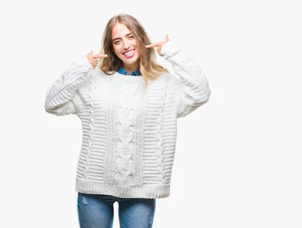 Beautiful Young Blonde Woman Wearing Winter Sweater Isolated Background Smiling — Stock Photo, Image