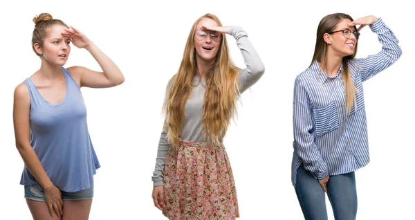 Colagem Grupo Mulheres Loiras Sobre Fundo Isolado Muito Feliz Sorrindo — Fotografia de Stock