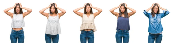 Collage Asian Young Woman Standing White Isolated Background Suffering Headache — Stock Photo, Image
