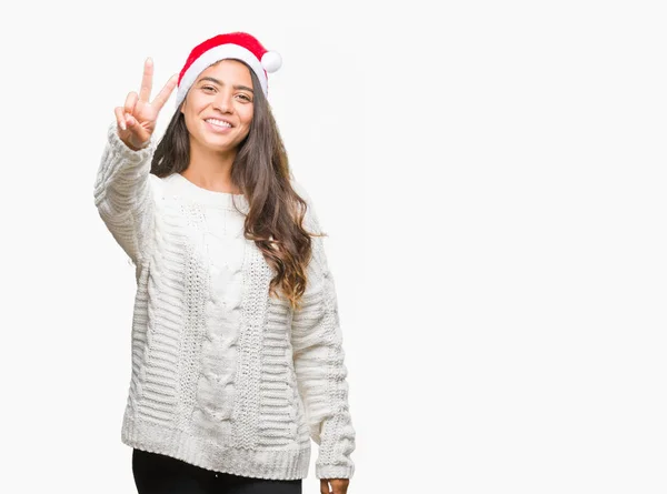 Giovane Donna Araba Indossa Cappello Natale Sfondo Isolato Sorridente Con — Foto Stock