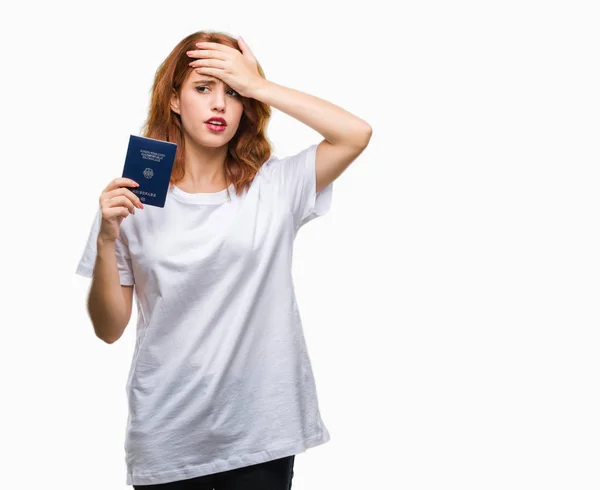 Jovem Bela Mulher Segurando Passaporte Alemanha Sobre Fundo Isolado Estressado — Fotografia de Stock