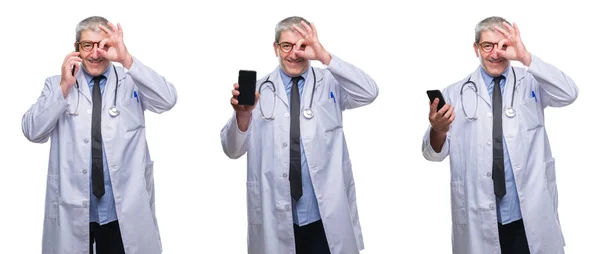 Colagem Homem Médico Hoary Sênior Falando Telefone Sobre Backgroud Isolado — Fotografia de Stock