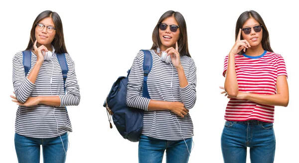 Collage of asian young student woman wearing headphones and backpack over white isolated background with hand on chin thinking about question, pensive expression. Smiling with thoughtful face. Doubt concept.