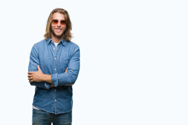 Young Handsome Man Long Hair Wearing Sunglasses Isolated Background Happy — Stock Photo, Image