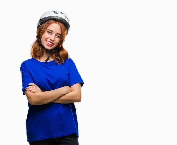 Jovem Mulher Bonita Vestindo Capacete Ciclista Sobre Fundo Isolado Rosto — Fotografia de Stock