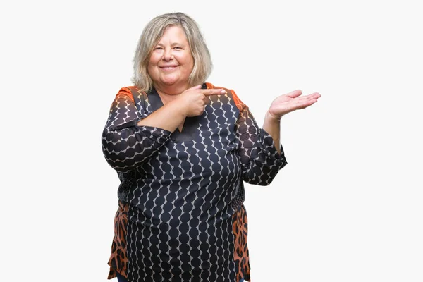 Senior Size Caucasian Woman Isolated Background Amazed Smiling Camera While — Stock Photo, Image