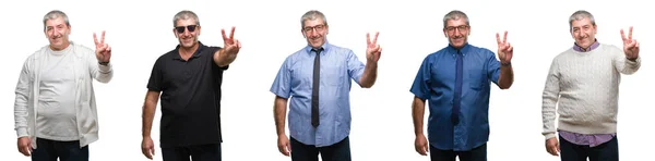 Коллаж Пожилого Седовласого Человека Над Белой Изолированной Задницей Улыбающегося Счастливым — стоковое фото