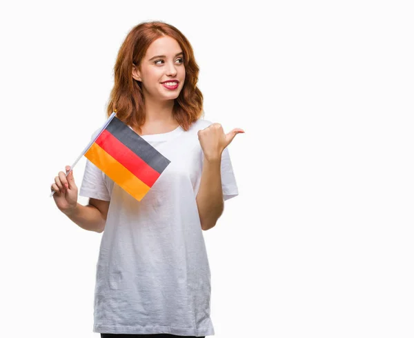 Jovem Bela Mulher Segurando Bandeira Alemanha Sobre Fundo Isolado Apontando — Fotografia de Stock