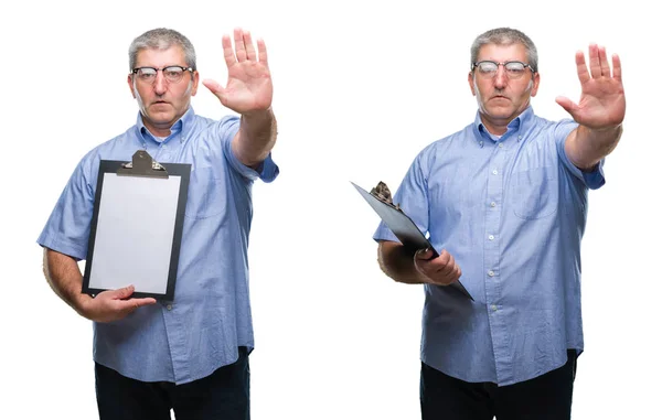 Collage Senior Hoary Business Man Holding Clipboard White Backgroud Isolato — Foto Stock