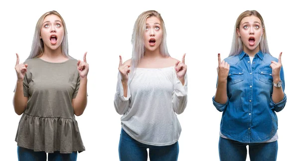 Collage Vacker Blond Ung Kvinna Över Isolerade Bakgrund Förvånad Och — Stockfoto