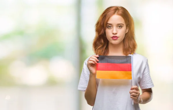 Ung Vacker Kvinna Som Innehar Flagga Tyskland Över Isolerade Bakgrund — Stockfoto