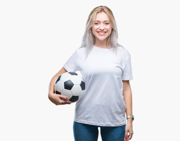 Jovem Loira Segurando Bola Futebol Sobre Fundo Isolado Com Rosto — Fotografia de Stock