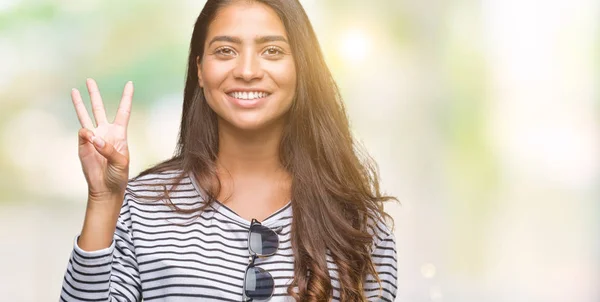 Young Beautiful Arab Woman Wearing Sunglasses Isolated Background Showing Pointing — Stock Photo, Image